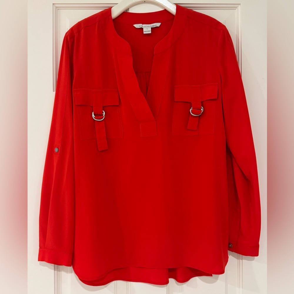 Diane Von Furstenberg Red Blouse with Mandarin Collar